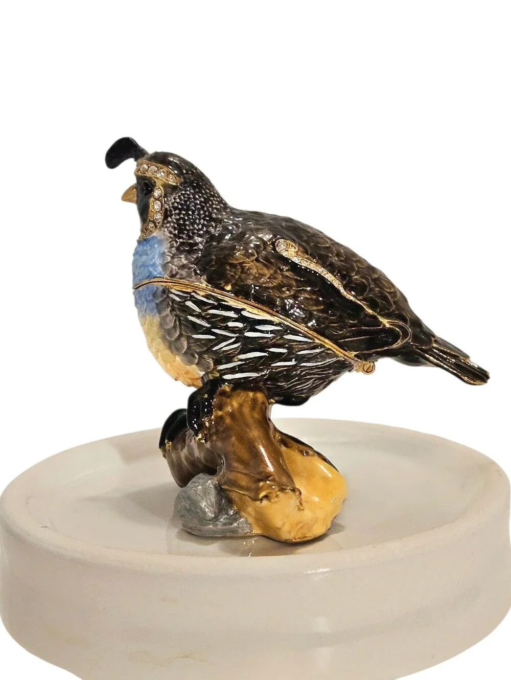 Bejeweled Quail Bird Perched On A Log Trinket Box